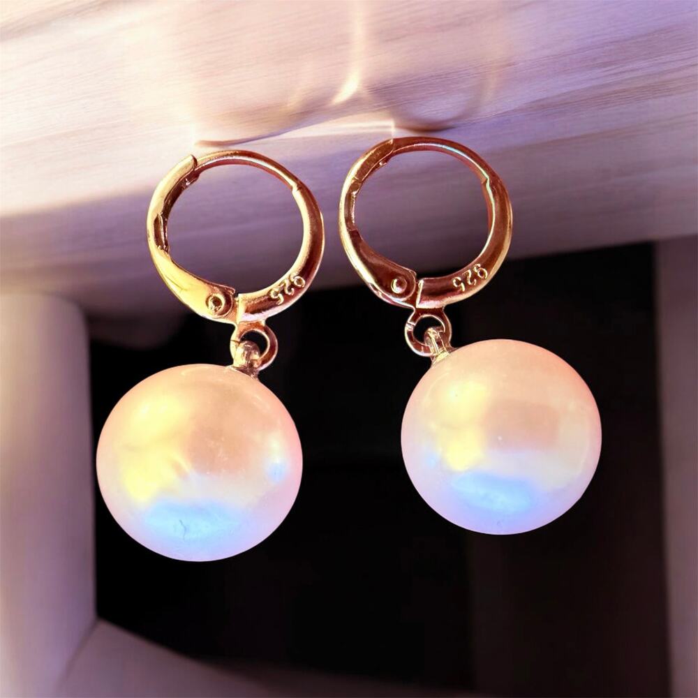 Genuine 925 Sterling Silver Drop Pearl White women Earrings - Picture 2 of 5